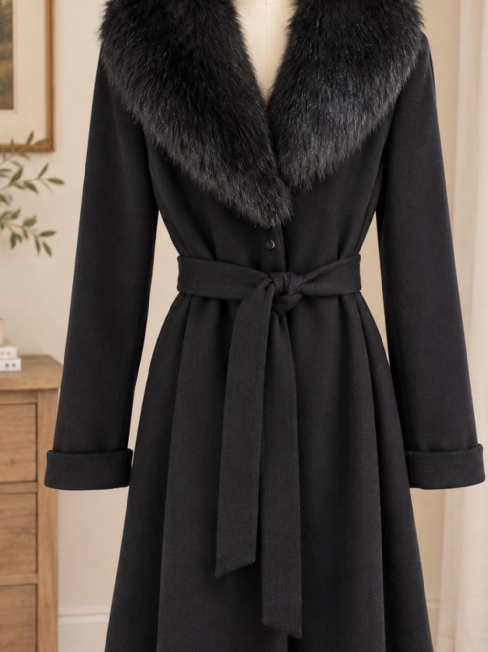 Dennis Basso Black Wool Belted Coat with Removable Faux Fur Collar